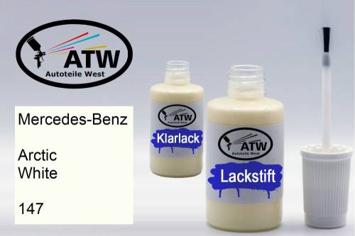 Mercedes-Benz, Arctic White, 147: 20ml Lackstift + 20ml Klarlack - Set, von ATW Autoteile West.